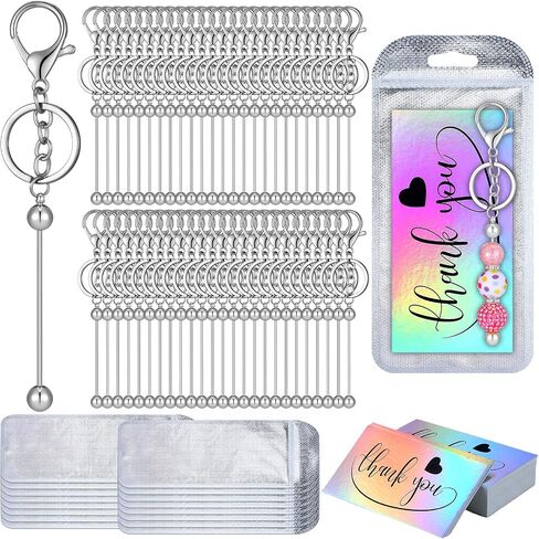 Sasylvia 10 Sets Beadable Keychain Kits Beaded Keychain Bars Resealable Pouch Bag Thank You Cards for DIY Crafts Jewelry Making in Saudi Arabia