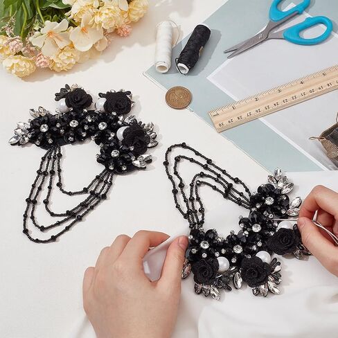FINGERINSPIRE 2 Pcs White Crystal Fringe Shoulder Epaulette Rhinestones Appliques 6.8x5.5x0.7 inch Flower Fabric Colorful Rhinestones Applique Crystal Fringe Beads Sequins Patches Accessory in Saudi Arabia