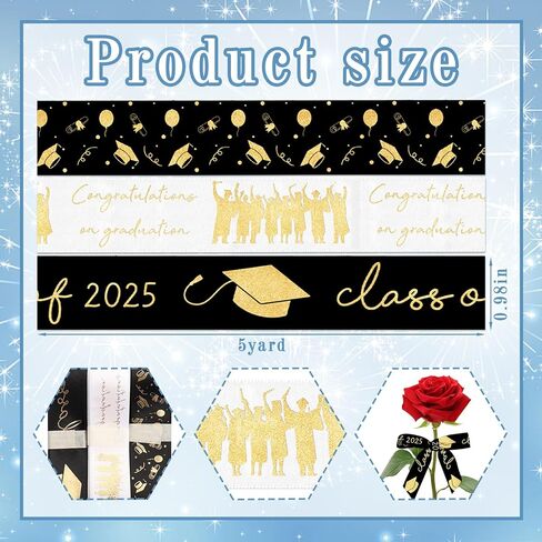 Hying 8 Rolls 2025 Graduation Ribbons for Wrapping Gifts, Congratulations Grosgrain Ribbons for Graduation Decoration DIY Party, 3/8"/ 2" X 24 Yards Class of 2025 White Black Ribbon for Graduation in Saudi Arabia