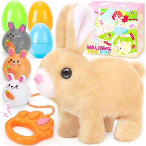 Plush Bunny Easter Toys for Kids,Interactive Bunny with Sounds,Can Walk and Wag Tail with Remote Control Leash,Easter Eggs with Ring,Bracelet,Hairpin,Easter Birthday Gift for Toddlers in Saudi Arabia