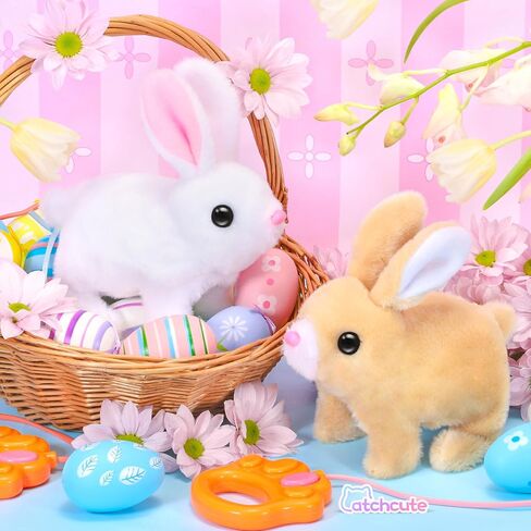 Plush Bunny Easter Toys for Kids,Interactive Bunny with Sounds,Can Walk and Wag Tail with Remote Control Leash,Easter Eggs with Ring,Bracelet,Hairpin,Easter Birthday Gift for Toddlers in Saudi Arabia