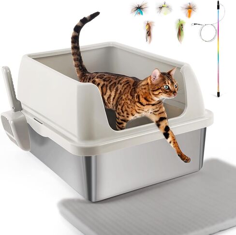 ALL FOR PAWS Stainless Steel Cat Litter Box with Litter Mat for Big Cats Extra Large Metal Litter Pan Tray with High Wall Sides, Odorless, Non-Stick, Leak Proof, Cat Feather Wand Toy Included in Saudi Arabia