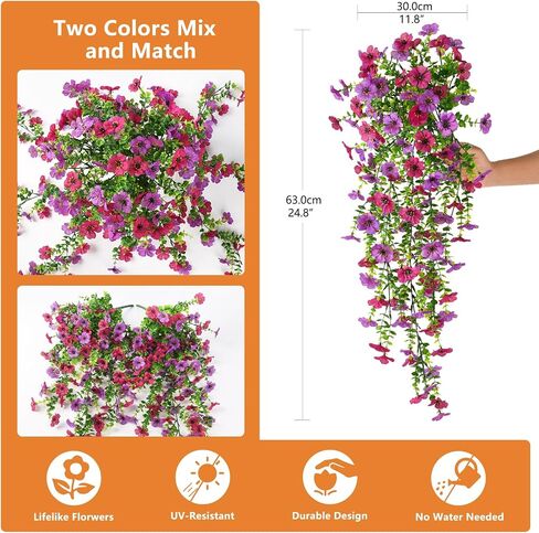 Artificial Hanging Flowers for Outdoors, 2 Pcs Fake Hanging Plant Spring Summer Decor, UV Resistant No Fade Faux Flower for Front Door Porch Planter Patio Yard Garden(Double Purple) in Saudi Arabia