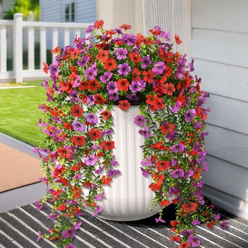 Artificial Hanging Flowers for Outdoors, 2 Pcs Fake Hanging Plant Spring Summer Decor, UV Resistant No Fade Faux Flower for Front Door Porch Planter Patio Yard Garden(Double Purple) in Saudi Arabia