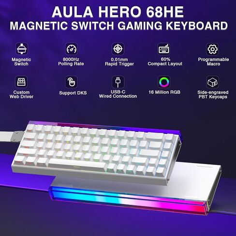 AULA Hero 68 HE 60% Gaming Keyboard Wired, Hall Effect Magnetic Switch Keyboard with Adjustable Actuation, Fast Trigger Mode, 8K Hz Polling Rate, 0.125ms Latency,Side Printed PBT Keycaps, RGB Backlit in Kuwait