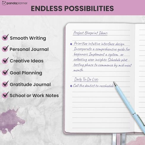 Panda Planner Wide-Ruled Notebook for School - 5.75" x 8.25" Wide Ruled Paper - 240 Sheets,100 GSM Thick Paper - A5 Hardcover Faux Leather Notebook for To Do List, School, Home (Black) in Saudi Arabia