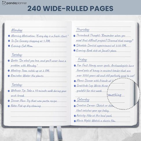 Panda Planner Wide-Ruled Notebook for School - 5.75" x 8.25" Wide Ruled Paper - 240 Sheets,100 GSM Thick Paper - A5 Hardcover Faux Leather Notebook for To Do List, School, Home (Black) in Saudi Arabia
