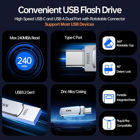 SSK 128GB Flash Drive USB C Thumb Drive up to 240 MB/s, Dual USB FlashDrive USB-C and A 3.2, Zinc Pendrive Memory Stick for iPhone 15/16Pro/Win/Android OTG with Water, Dust, and Drop Resistance in Kuwait