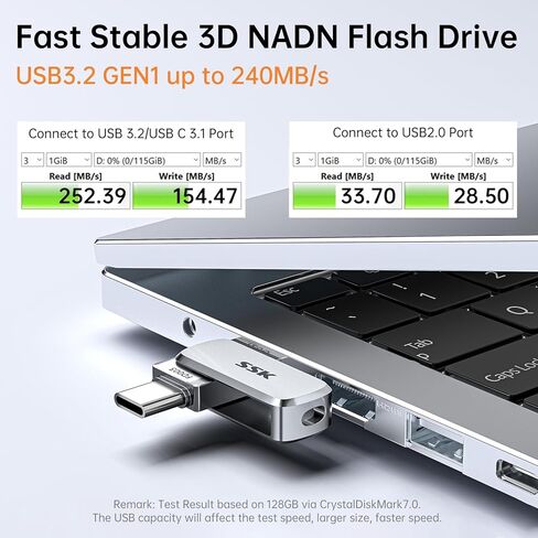 SSK 128GB Flash Drive USB C Thumb Drive up to 240 MB/s, Dual USB FlashDrive USB-C and A 3.2, Zinc Pendrive Memory Stick for iPhone 15/16Pro/Win/Android OTG with Water, Dust, and Drop Resistance in Kuwait