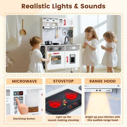 Play Kitchen Wooden Kids Kitchen Playset Pretending Toys for Toddlers with Real Lights & Sounds, 3 Heights Adjustable, Chalkboard, 35Pcs Toy Food & Cookware Accessories-Gray in Saudi Arabia