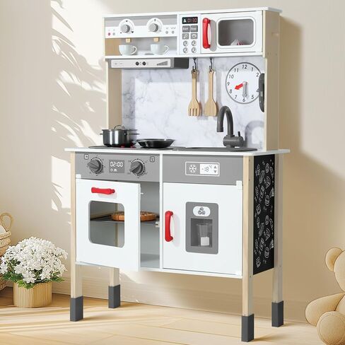 Play Kitchen Wooden Kids Kitchen Playset Pretending Toys for Toddlers with Real Lights & Sounds, 3 Heights Adjustable, Chalkboard, 35Pcs Toy Food & Cookware Accessories-Gray in Saudi Arabia