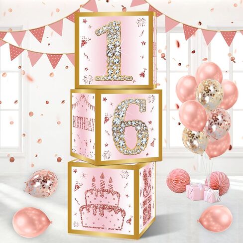30th Birthday Decorations Boxes for Women - 3PCS Pink Rose Gold Happy 30th Birthday Balloons Boxes,Thirty Year Old Birthday Theme Cardboard Box Decor in Saudi Arabia