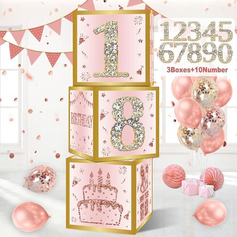 30th Birthday Decorations Boxes for Women - 3PCS Pink Rose Gold Happy 30th Birthday Balloons Boxes,Thirty Year Old Birthday Theme Cardboard Box Decor in Saudi Arabia