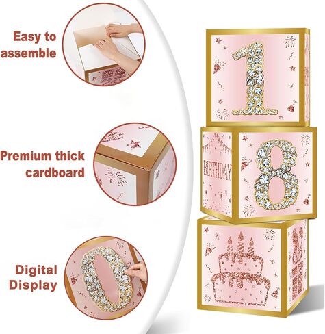 30th Birthday Decorations Boxes for Women - 3PCS Pink Rose Gold Happy 30th Birthday Balloons Boxes,Thirty Year Old Birthday Theme Cardboard Box Decor in Saudi Arabia