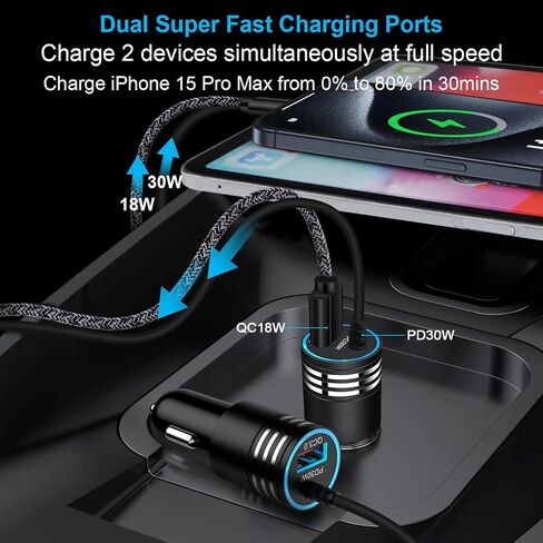 48W Super Fast Car Charger USB C for Samsung Galaxy S24 FE Ultra A16 5G A15 A14 A35 A55 S23 S22 S21, iPhone 16 Pro Max/16/15 Pro/Plus, Android Phone Type C Car Charger Adapter with USB C Coiled Cable in Kuwait