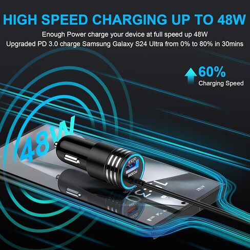 48W Super Fast Car Charger USB C for Samsung Galaxy S24 FE Ultra A16 5G A15 A14 A35 A55 S23 S22 S21, iPhone 16 Pro Max/16/15 Pro/Plus, Android Phone Type C Car Charger Adapter with USB C Coiled Cable in Kuwait