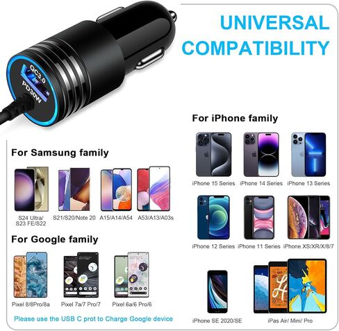 48W Super Fast Car Charger USB C for Samsung Galaxy S24 FE Ultra A16 5G A15 A14 A35 A55 S23 S22 S21, iPhone 16 Pro Max/16/15 Pro/Plus, Android Phone Type C Car Charger Adapter with USB C Coiled Cable in Kuwait