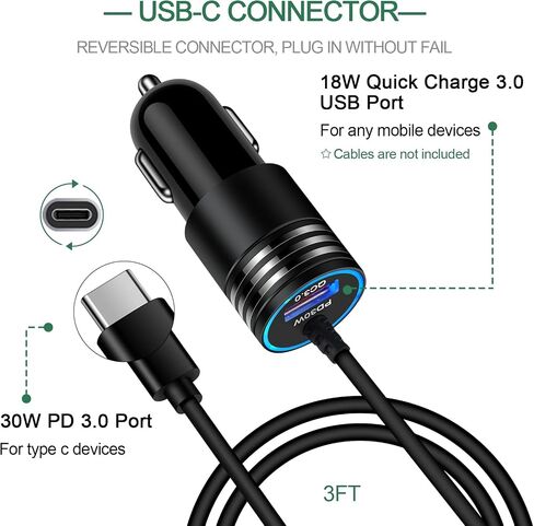 48W Super Fast Car Charger USB C for Samsung Galaxy S24 FE Ultra A16 5G A15 A14 A35 A55 S23 S22 S21, iPhone 16 Pro Max/16/15 Pro/Plus, Android Phone Type C Car Charger Adapter with USB C Coiled Cable in Kuwait