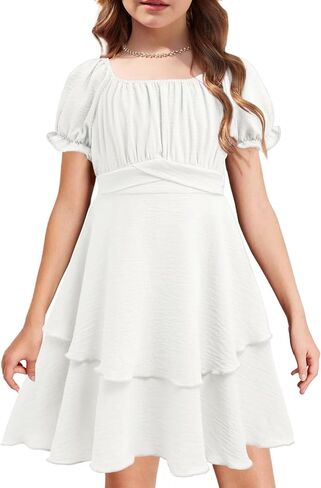 Arshiner Girls Dress Summer Off Shoulder Puff Sleeve Ruffle Tiered Layer Party Dresses in Saudi Arabia