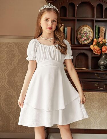 Arshiner Girls Dress Summer Off Shoulder Puff Sleeve Ruffle Tiered Layer Party Dresses in Saudi Arabia