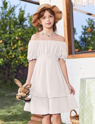 Arshiner Girls Dress Summer Off Shoulder Puff Sleeve Ruffle Tiered Layer Party Dresses in Saudi Arabia