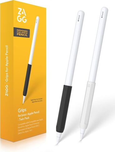 ZAGG 2-Pack Silicone Grips for Apple Pencil (1st Gen, 2nd Gen, USB-C) & ZAGG Pro Stylus(2 & 1) – Ergonomic Comfort, Anti-Roll, Round with three flat surfaces Design for Writing & Drawing, Black, White in Kuwait