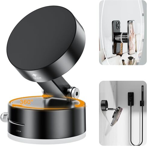 imluckies Vacuum Suction Magnetic Phone Holder, 360° Rotatable & Foldable Suction Cup Phone Mount, Compatible with Magsafe iPhone 16 15 14 13 12 for Shower/Bathroom/Mirror/Gym/Car/Kitchen, Black in Kuwait