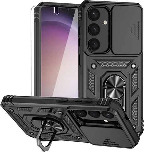 for Samsung Galaxy S25 Plus Case,with Camera Lens Cover HD Screen Protector,[Military Grade] Ring Car Mount Kickstand Hybrid Hard PC Soft TPU Shockproof Protective Case for Galaxy S25 Plus, Black in Saudi Arabia