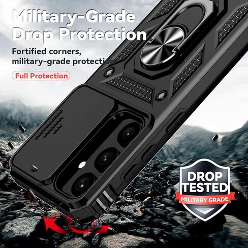 for Samsung Galaxy S25 Plus Case,with Camera Lens Cover HD Screen Protector,[Military Grade] Ring Car Mount Kickstand Hybrid Hard PC Soft TPU Shockproof Protective Case for Galaxy S25 Plus, Black in Saudi Arabia