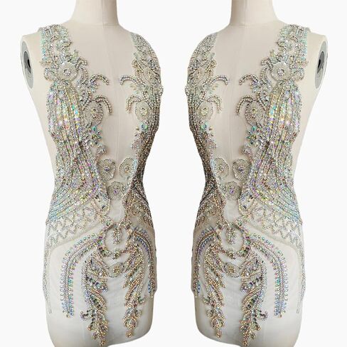 Pure Handmade Rhinestone lace Large Bodice Applique Sewing Beads Stones Trim Patches for Dress Clothes Accessories 17.7X31.8inches (Light Purple) in Saudi Arabia