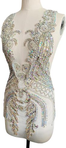 Pure Handmade Rhinestone lace Large Bodice Applique Sewing Beads Stones Trim Patches for Dress Clothes Accessories 17.7X31.8inches (Light Purple) in Saudi Arabia