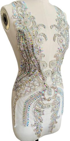 Pure Handmade Rhinestone lace Large Bodice Applique Sewing Beads Stones Trim Patches for Dress Clothes Accessories 17.7X31.8inches (Light Purple) in Saudi Arabia