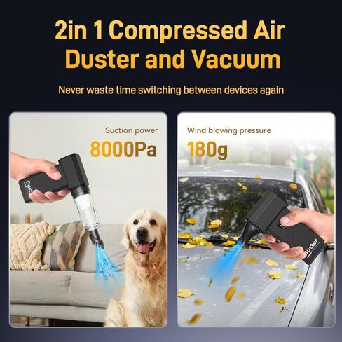 2 في 1 Duster Air Air مضغوط مع شاشة عرض الشاشة ، وضرب 130000 دورة في الدقيقة ، والفراغ ، وسرعة قابلة للتعديل 0-100 ٪ ، و 8000 مللي أمبير في الساعة بطارية قابلة للشحن ، ومثالية للكمبيوتر الشخصي ، والوحة المفاتيح ، والسيارة ، والتنظيف المنزلي in Saudi Arabia