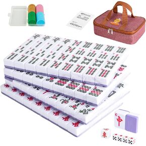 Chinese Small Mahjong Set, 144 Numbered Melamine 1.18" Size Tiles(Pink) and 8 Blank Tiles, with Carrying Travel Bag, English Instruction, Pro Complete Mahjongg Game Set (Majiang, Mah Jongg)