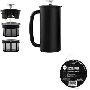 ESPRO - P7 French Press - Double Walled Stainless Steel Insulated Coffee and Tea Maker with Micro-Filter - Keep Drinks Hotter for Longer (Matte Black, 18 Oz) Coffee Paper Filters (100 Count)