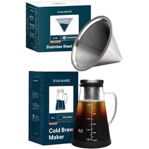 OVALWARE Stainless Steel Filter with Airtight Cold Brew Iced Coffee Maker 1.0L/34oz