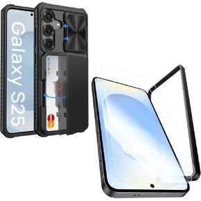 Vihibii for Samung Galaxy S25 Case with Card Holder & Screen Protector [2 Pack] & Slide Camera Cover, Bulit-in 9H Hardness & HD Tempered Glass Film with Easy Installation Tool 6.2", Black