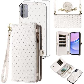Asuwish Phone Case for Samsung Galaxy A15 5G/4G Zipper Wallet Detachable Cell Cover with Tempered Glass Screen Protector Crossbody Lanyard Strap Glitter Flip Card Holder Slot A 15 G5 15A Women White