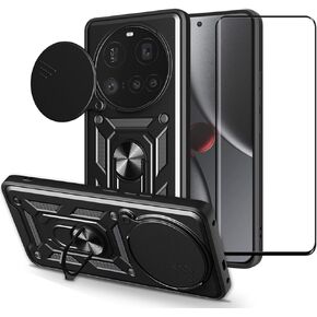 Case for Xiaomi 15 Ultra/Mi 15 Ultra with Tempered Glass Screen Protector,Sliding Camera Window, Kickstand, Shock-Proof Anti-Scratch Dual-Layer Phone Cover, Black