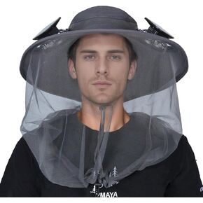 ayamaya Mosquito Net Hat with Fan Built-in, Wide Brim Solar Fan Hat with Netting, 3 Speeds Adjustable for Men Women Outdoor