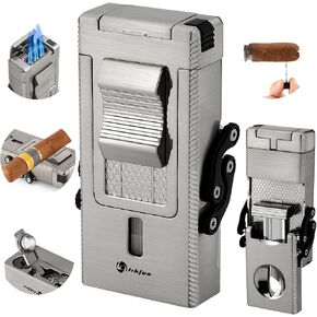 Cigar Lighter Multifunctional All-in-1 Torch Lighters Built-in Holder Cigar Draw Enhancer Cigar Punch Gift for Men Butane Lighters with Folding Cigar Cutter V-Cut