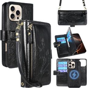 Lacass for iPhone 16 Pro Max Detachable Crossbody Wallet Case,Compatible with MagSafe Wireless Charging, [Cards Theft Scan Protection], Magnetic Case Stand PU Leather Zipper(Floral Dark Purple)