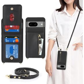 Jaorty Compatible with Google Pixel 8 Case for Women with Card Holder 6.2",Pixel 8 Phone Case with Strap,Crossbody Lanyard Cases with Credit Card Slots with Stand,Dark Purple