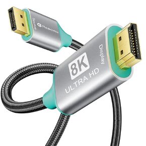 Reborn DisplayPort to HDMI 8K Cable 10FT【8K@60Hz 4K@144/120Hz】 Uni-Directional Active DP 1.4 Source to HDMI 2.1 Braided Cord Display Port Cable Support HDR,HDCP2.3,DSC1.2a,32.4Gbps for AMD,NVIDIA