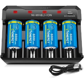 4 Bay AA AAA C D Battery Charger with Rechargeable D Cells Batteries 4 Counts,USB 1.5V LR20 Lithium D Size Rechargeable Batteries 8000mWh,Quick Charger for Lithium Ni-mh Ni-cd
