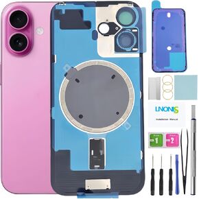 16 Back Glass Replacement for iPhone 16 Rear Back Cover Glass with Frame Waterproof and Camera Lens+Professional Repair Tool Kit (Black)