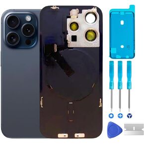 15 Pro Back Glass Replacement & with Plate & Flex Cable and All Parts, Waterproof and Camera Lens for iPhone 15 Pro + Repair Tools(Blue)
