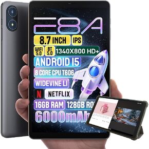 Android 15 Tablet 8.7 Inch ، Octa Core ، RAM 16GB ، 128GB ROM ، 1 تيرابايت قابل للتوسيع ، 8.7 "HD IPS 1340x800 ، 5MP+8MP كاميرا ، 5G WIFI+BT5