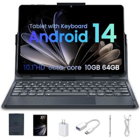 Tablet Android Tablets 64GB+10(4+6 Expand) GB 512GB Expandable, Octa-Core WiFi, 8000mAh Battery, 10.1 inch with 800MP Camera, with Keyboard Case, Stylus, Bluetooth (Black)