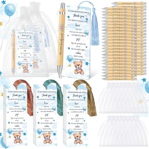 50 Sets Baby Shower Bookmark Favors with 50 Baby Shower Ballpoint Pen and Organza Bags Gender Reveal Gifts for Guest Prizes Girl and Boy Gender Reveal(Delicate Color,Bear)